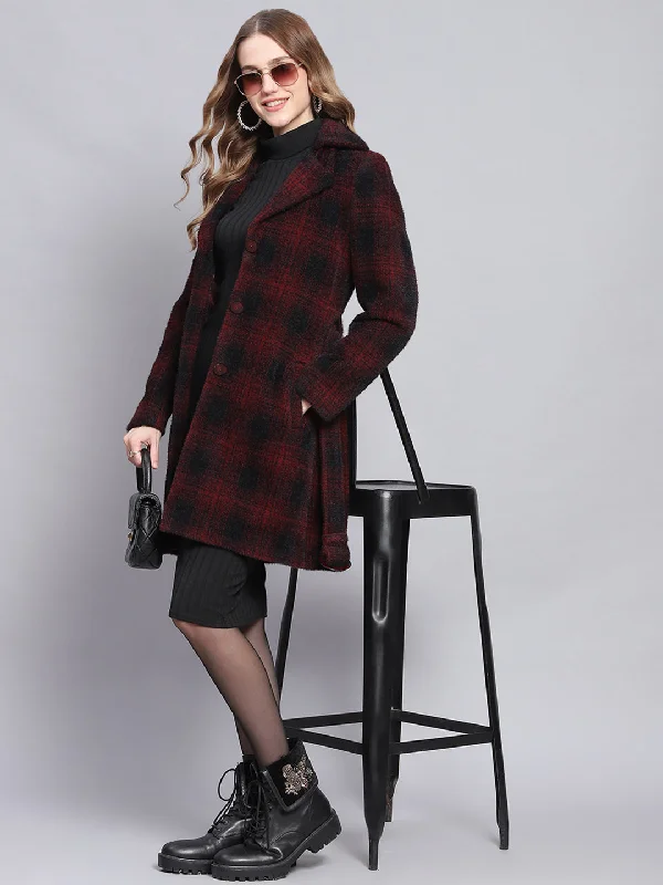 fitted trench coatWomen Red Check Lapel Collar Full Sleeve Coats