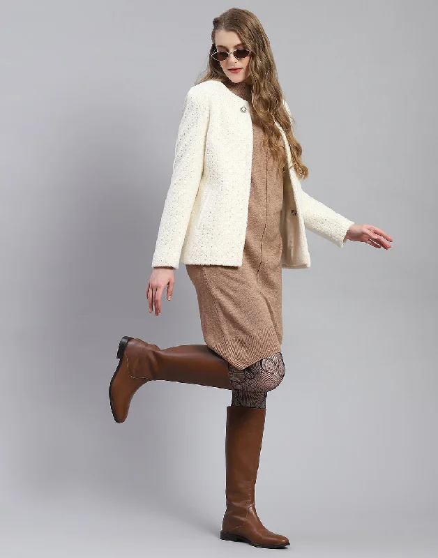 Crazy Deals Women White Embellished H Neck Full Sleeve Coat