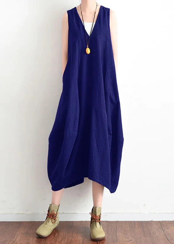 floral wrap dressFrench Blue v neck linen clothes For Women stylish design sleevless loose summer Dress