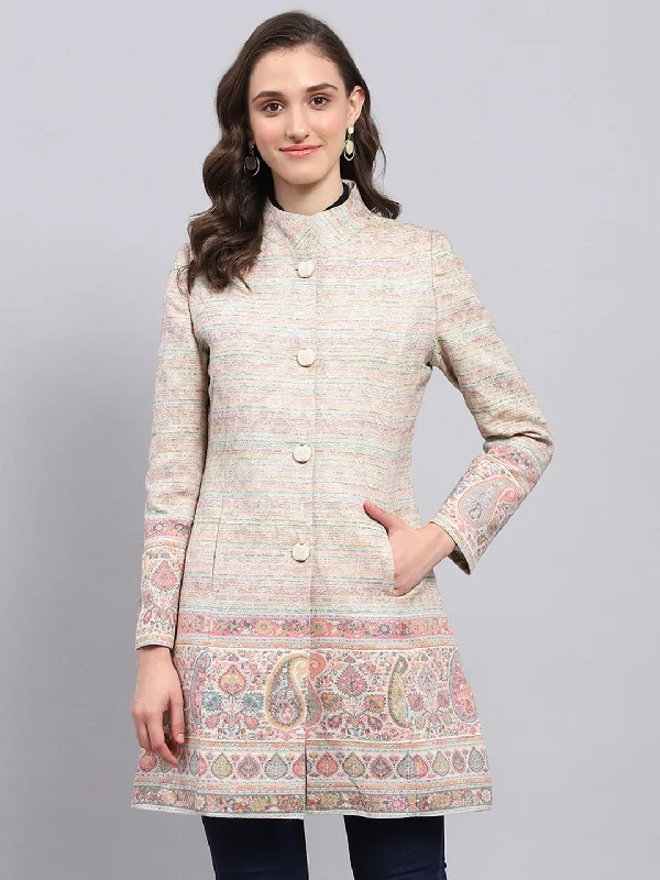 Sneak Peek Sale Women Multicolor Woven Design Round Neck Full Sleeve Coat