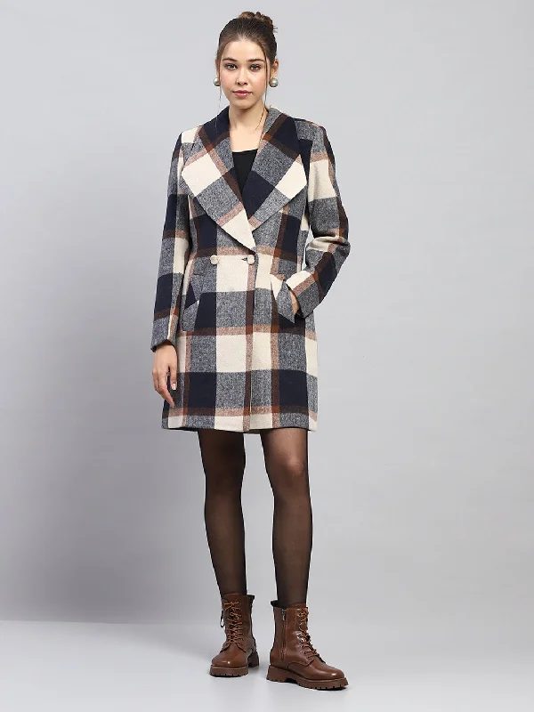 relaxed winter jacketWomen Navy Blue Check Notch lapel Collar Full Sleeve Coat