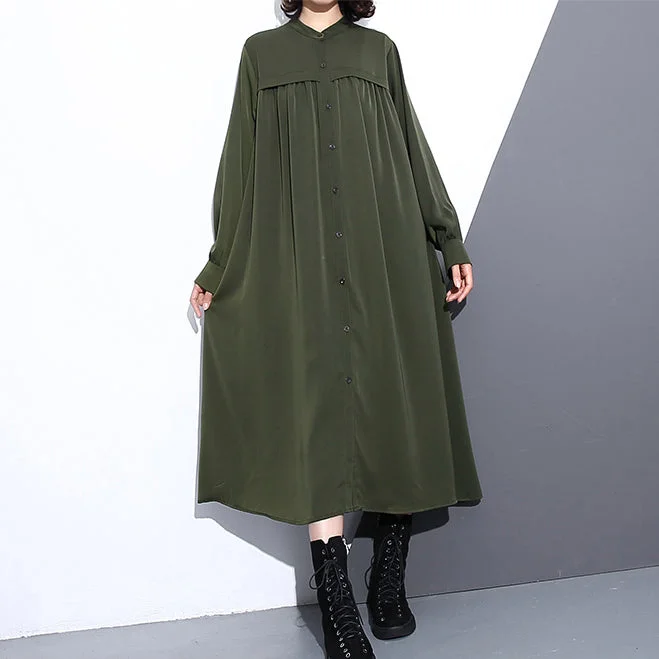 chic shift dressElegant army green autumn silk cotton blended dress plus size stand collar silk cotton blended clothing dresses 2018 pockets Cinched long dresses