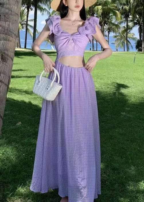 pleated dressVacation Style Purple Slash Neck Hollow Out Dress Butterfly Sleeve