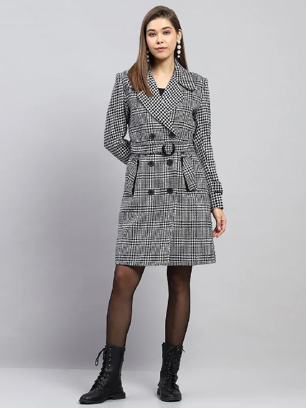 retro coatWomen Black & White Check Notch lapel Collar Full Sleeve Coat