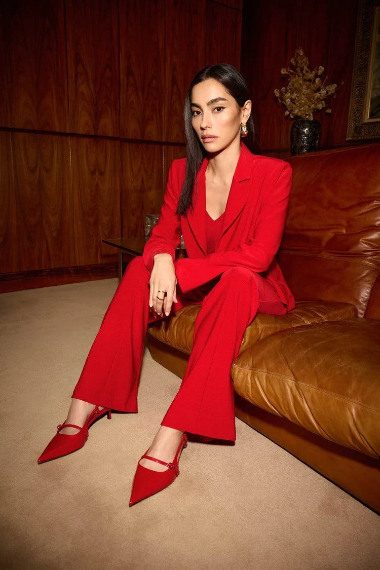 Limited Quantity Joseph Ribkoff Lipstick Red Silky Knit Belted Wide-Leg Pants
