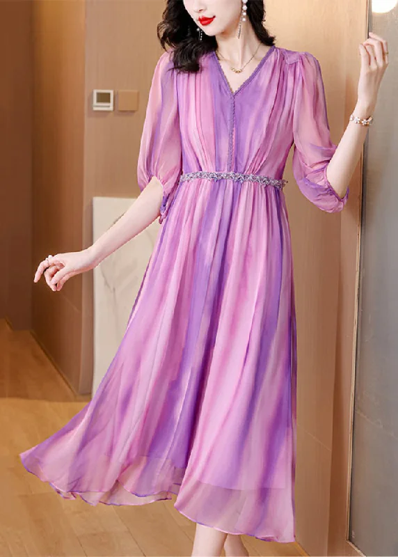 pleated maxi dressStylish Purple V Neck Striped Wrinkled Silk Long Dresses Summer