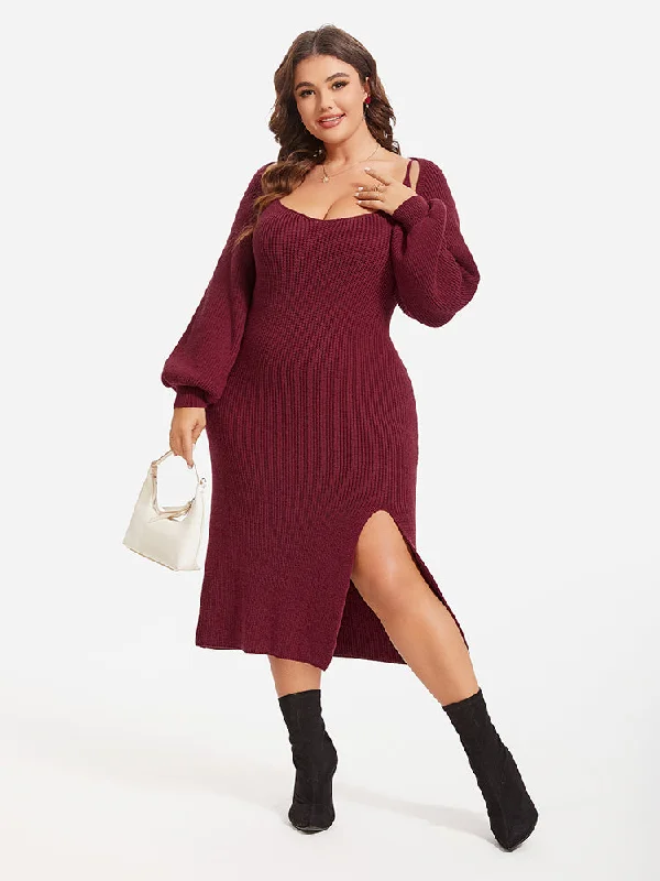 office dressSolid Cami Split Sweater Dress & Super Crop Cardigan Set