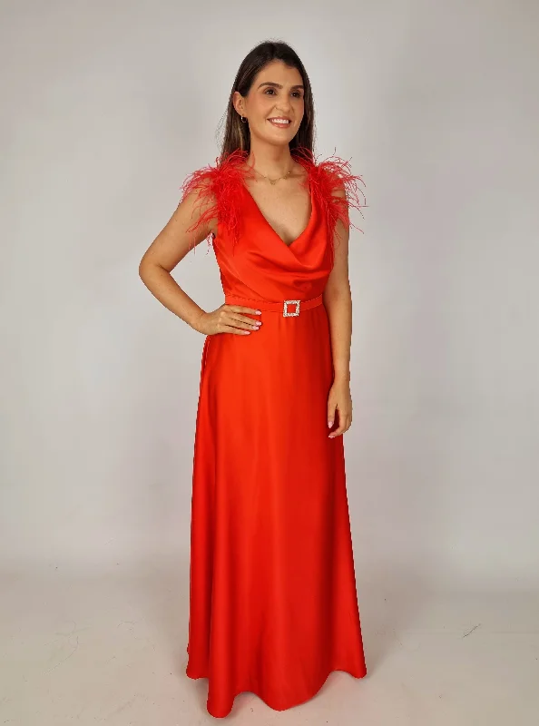 Instant Discount Access Red Maxi Satin Dress With Feathers