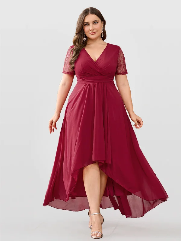 luxury dressA Line V Neck Asymmetrical Bridesmaid Dresses