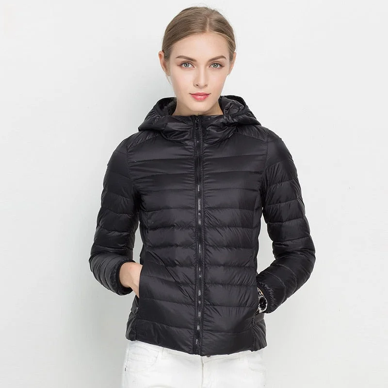 Limited Availability 2018 New Women Winter Jacket Ultra Light White Duck Down Jacket Fashion Warm Slim Hooded Down Coat for Women Portable Overcoat