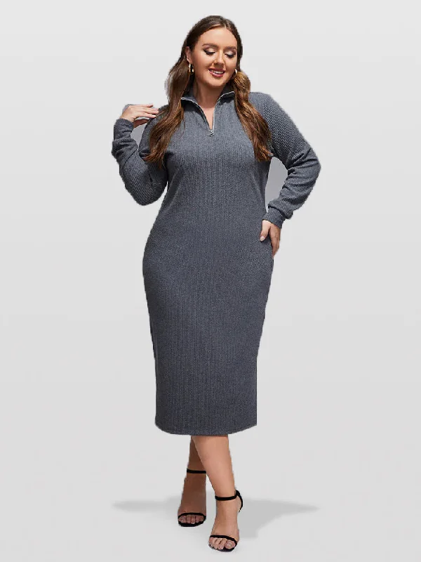 casual summer dressPlus Grey Band Collar Zipper Split Midi Knit Dress