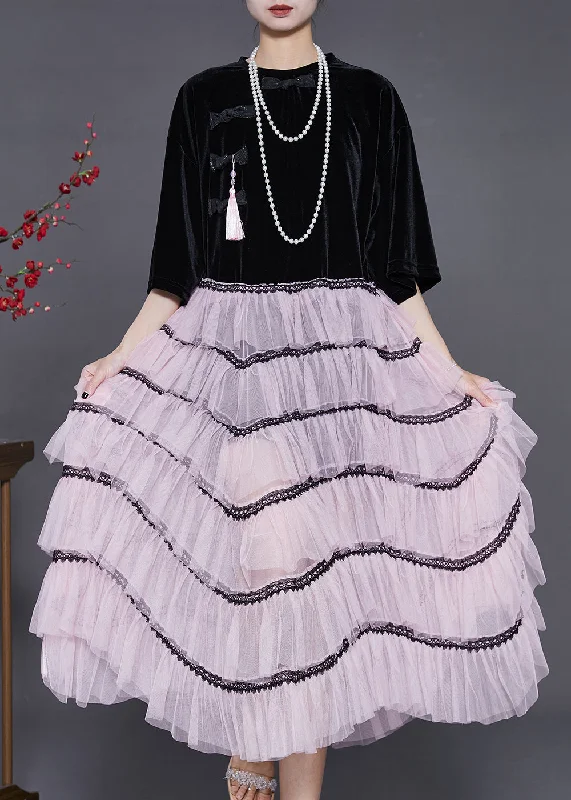 Warehouse Sale Boho Black Tasseled Patchwork Chinese Button Tulle Dress Summer