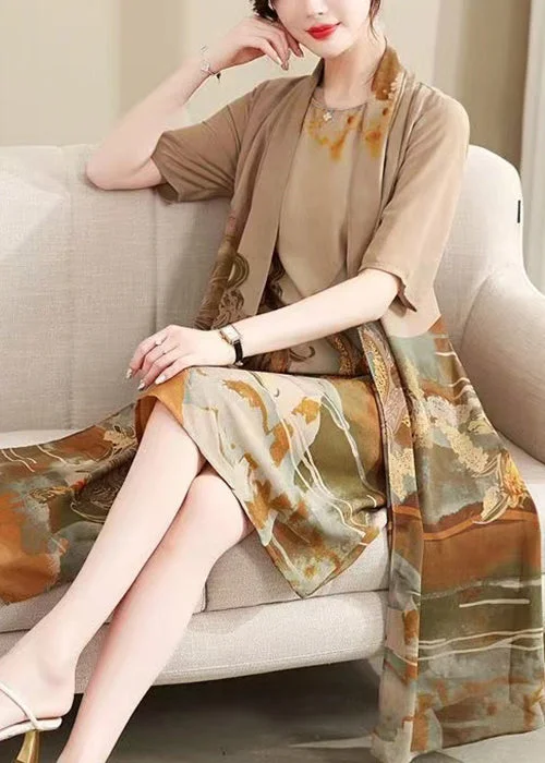 Deep Discounts New Khaki Print False Two Pieces Chiffon Dress Summer