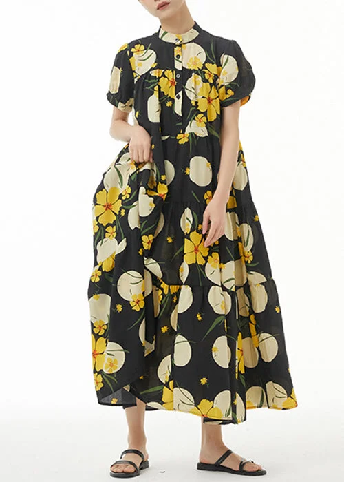 Overstock Yellow Print Loose Cotton Dress Stand Collar Summer