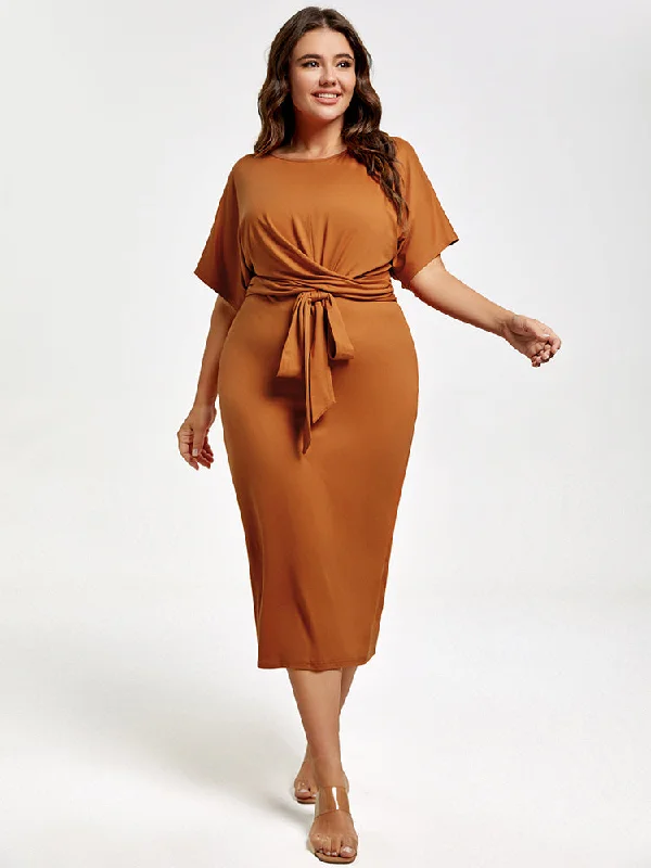 cocktail party dressPlus Brown Ruched Tie Front Midi Dress