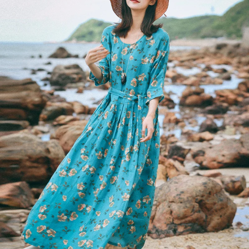 fitted cocktail dressvintage blue floral linen caftans oversize o neck baggy dresses caftans New Three Quarter sleeve tie waist gown