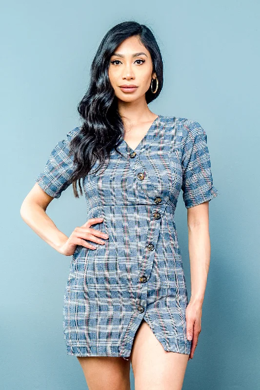 Steals and Deals Houndstooth Plaid Asymmetrical Button Down Mini Dress with Split at Thigh (FL19C160)
