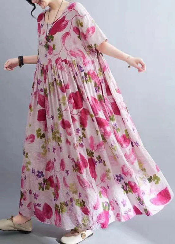 summer floral dressCute Rose O-Neck Print Wrinkled Maxi Dresses Short Sleeve