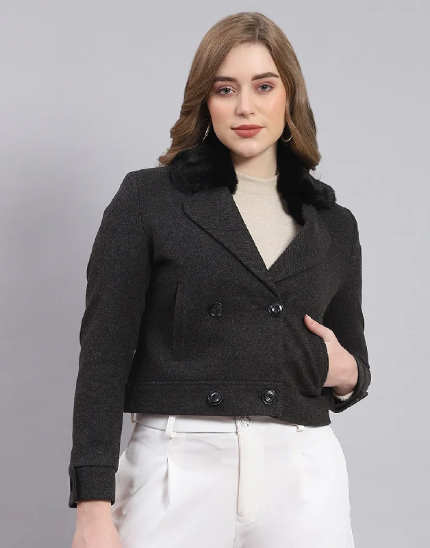 everyday winter coatWomen Black Solid Lapel Collar Full Sleeve Coat