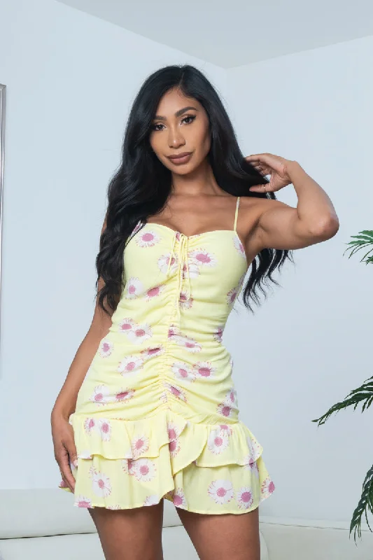 trendy wrap dressSunflower Print Center Ruched Spaghetti Strap Mini Dress with Tiered Ruffle Hem in Yellow (4764DM)