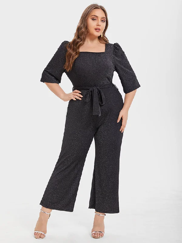 chic wrap dressSquare Neck Puff Sleeve Belted Glitter Jumpsuit