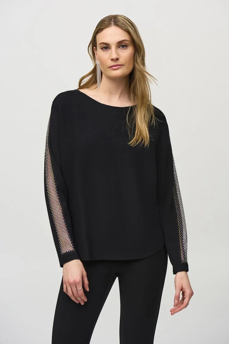 Special Offer Joseph Ribkoff Black Sweater Knit Pullover with Lace & Sequin Trim