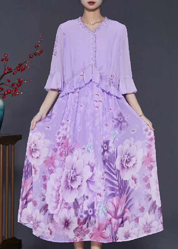 pleated maxi dressStyle Purple Ruffled Print Zircon Chiffon Dresses Summer