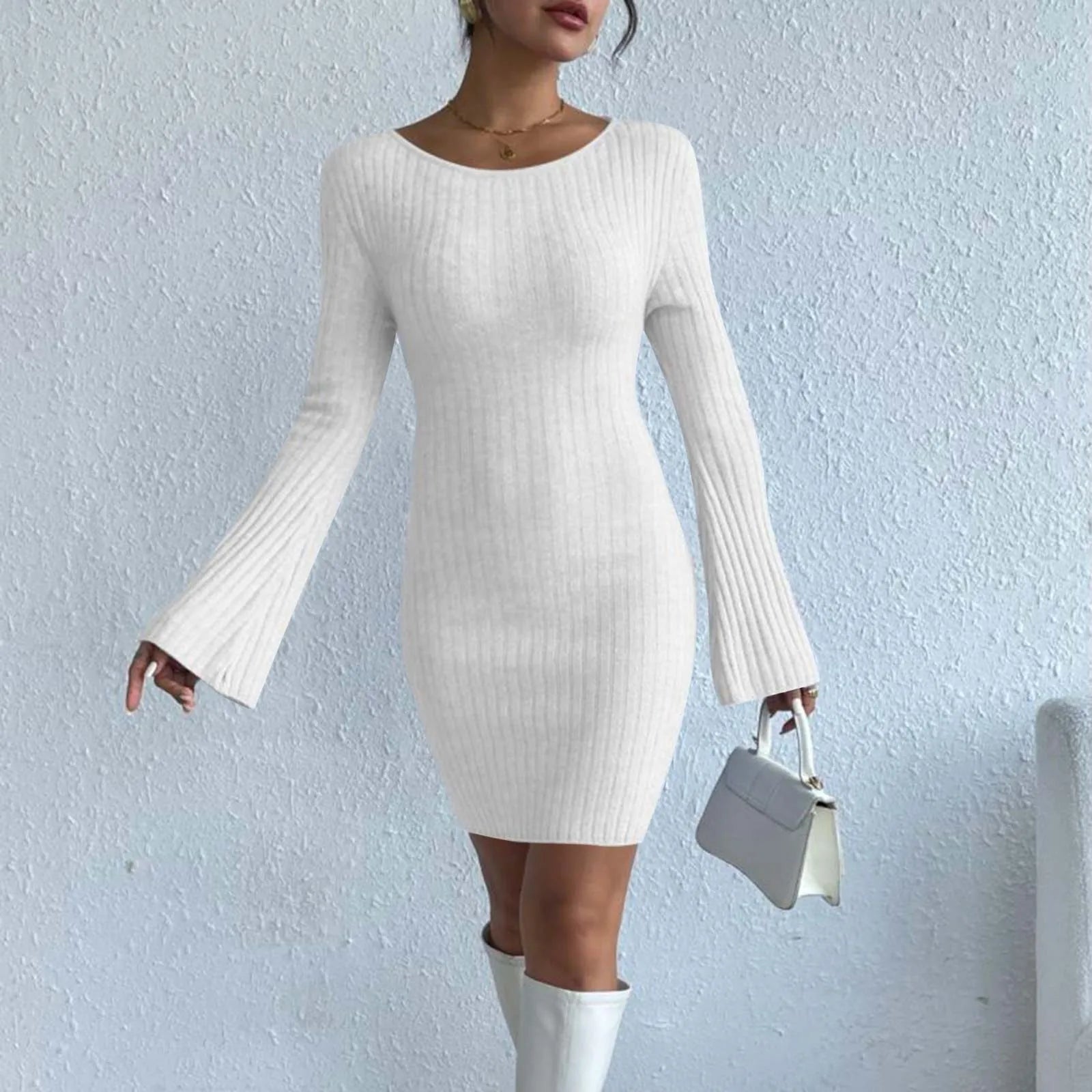 winter dressJuliaFashion - Fashion Solid Color Knitted Backless For Women Bell Sleeves Mini Sweater 2024 Elegant Casual Slim Fit Short Dress