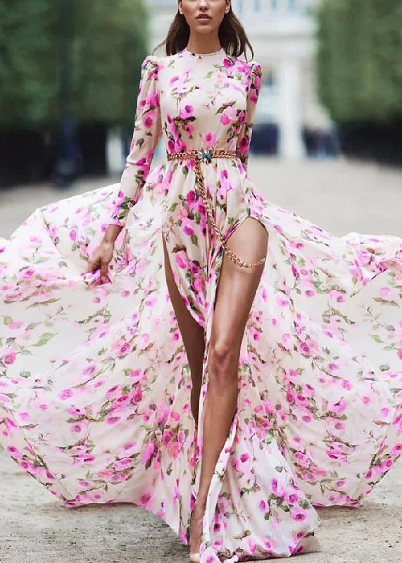 Bonus Savings Bohemian Pink Print Side Open Exra Large Hem Maxi Dress Long Sleeve