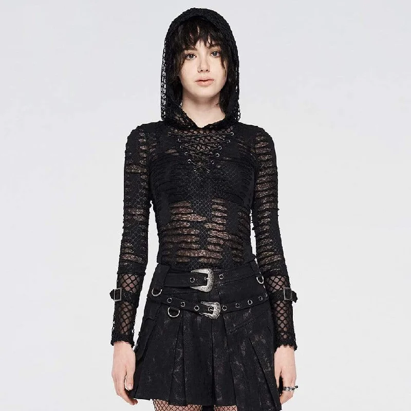 Incredible Offers Women's Gothic Net Ripped Mesh Strappy Hoodies