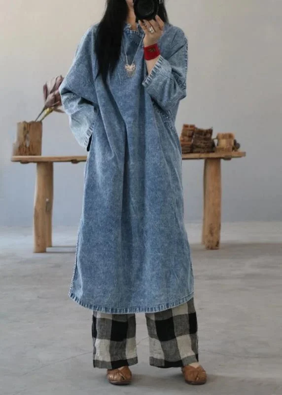 vintage dressBeautiful cotton dress Fashion Retro Solid Color Frog Denim Blue Loose Dress