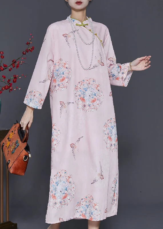 shift dressChinese Style Pink Print Linen Dresses Cheongsam Summer