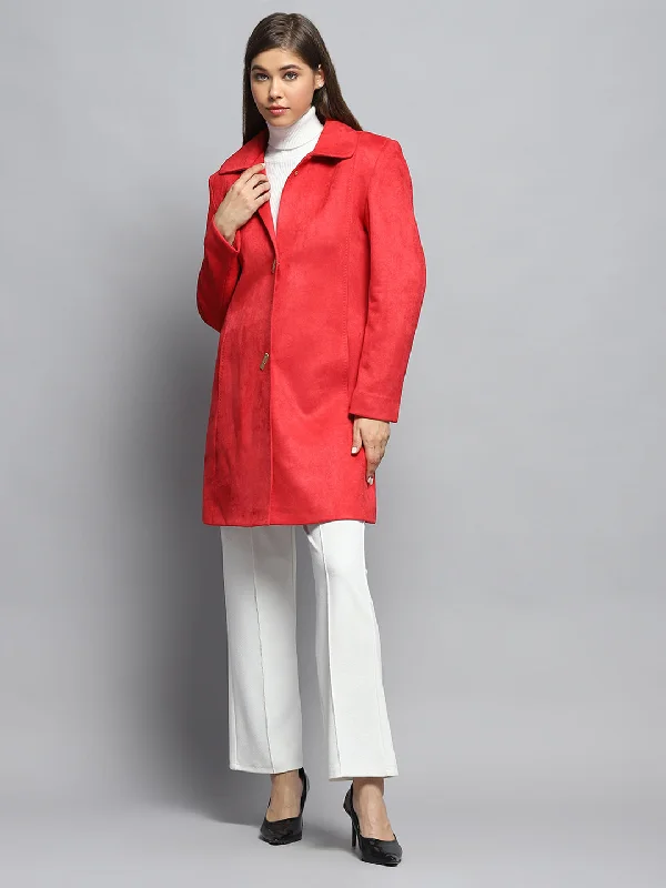 Early Access Women Rust Solid Collar Full Sleeve Coat
