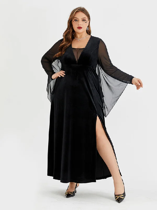 wool dressHalloween Contrast Mesh Batwing Sleeve Velvet Split Maxi Dress