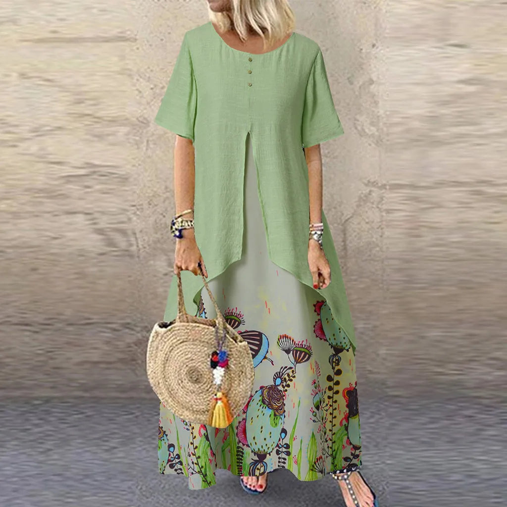 oversized dressJuliaFashion - Vintage Elegant Fake Two Piece Floral Print Short Sleeve O-Neck Long Loose Beach Vestidos Female Clothing Dress