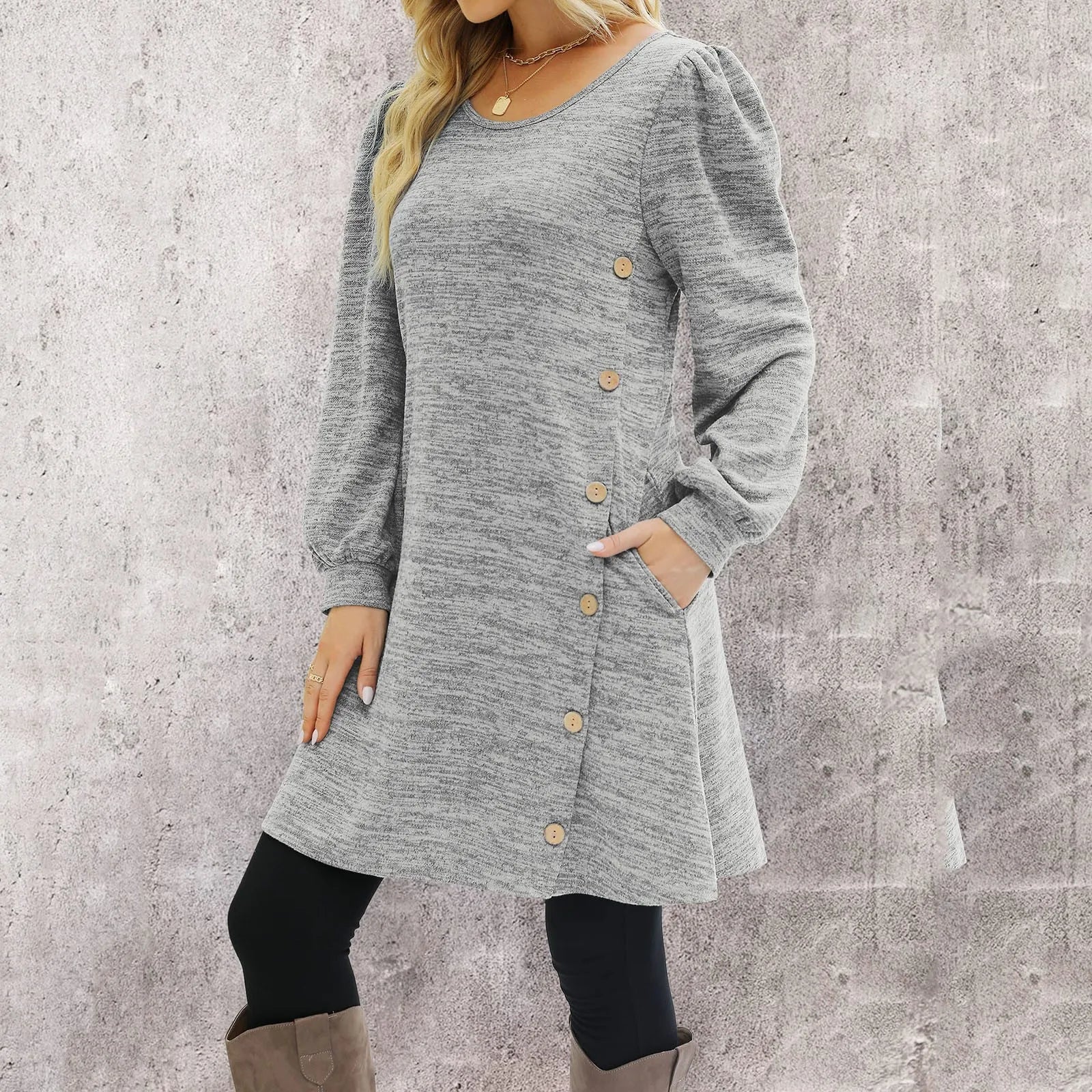 Massive Deals JuliaFashion - Women's Long Sleeve Fashion Button Side Scoop Neck Autumn Women Solid Color Tunic Pockets Casual Mini Dress