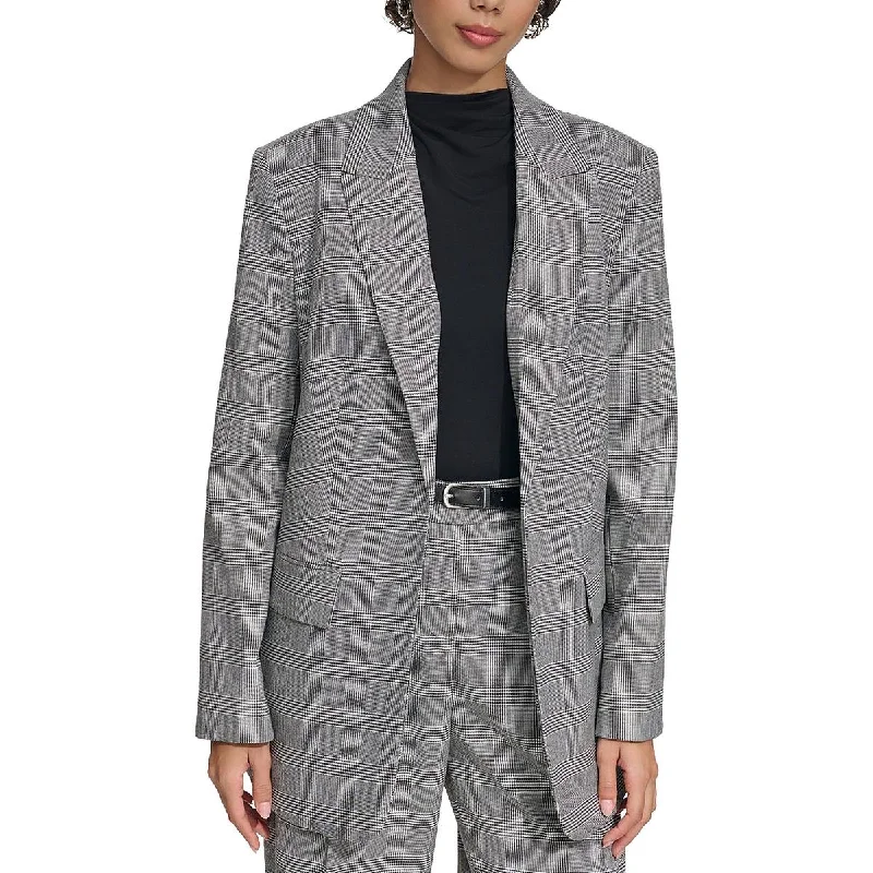 Value Deals Womens Plaid Shoulder Pads Open-Front Blazer