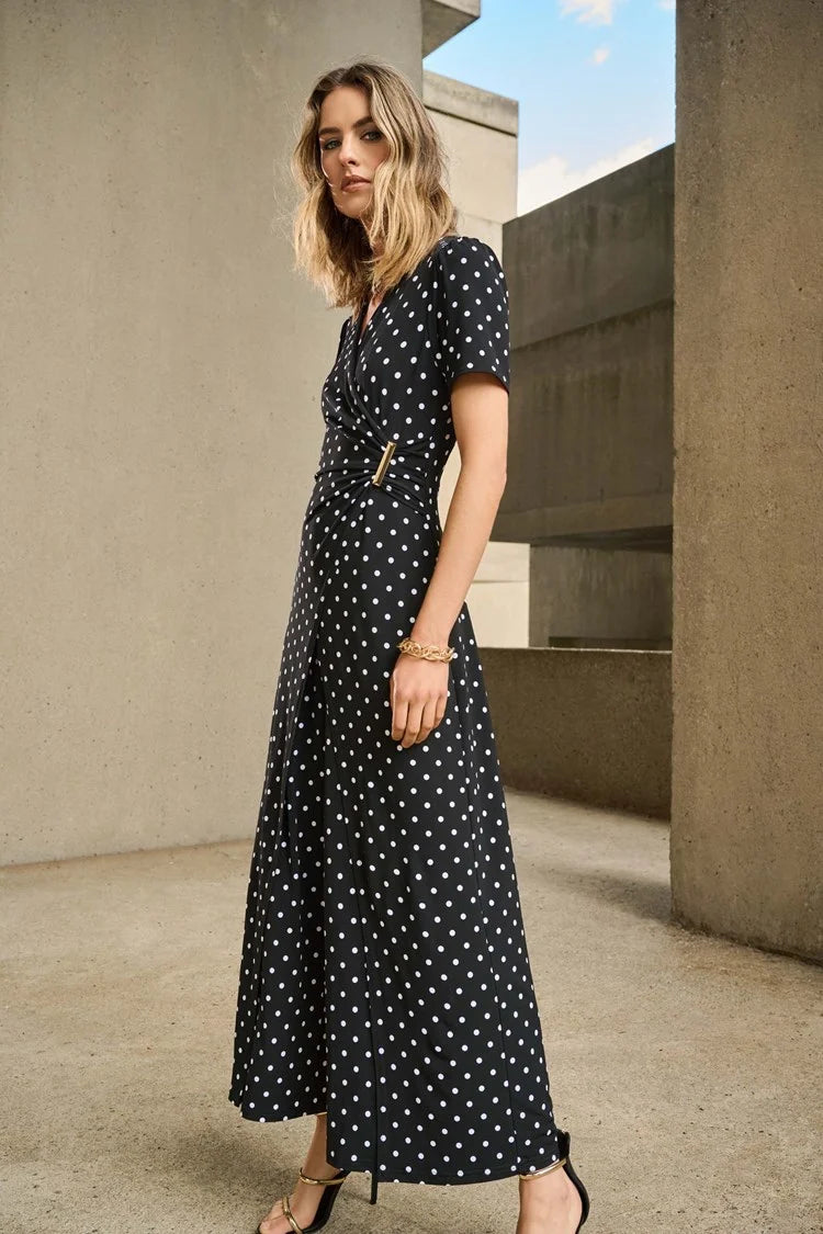 elegant maxi dressJoseph Ribkoff Black/Vanilla Silky Knit Dot Print Wrap Culotte Jumpsuit