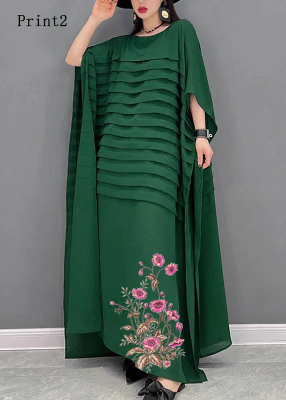 sophisticated dressBohemian Green-print2  O-Neck Striped Chiffon Ankle Dress Batwing Sleeve