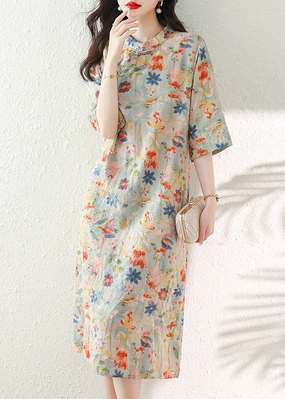 velvet dressVintage Stand Collar Print Chinese Button Cotton Dress Summer