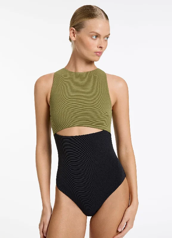 Special Savings Versa Rib Cut Out High Neck One Piece - Black/Moss