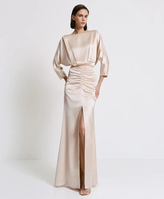 fitted bodycon dressAccess Fashion Cream Satin Maxi Dress With Gatherings And Slit