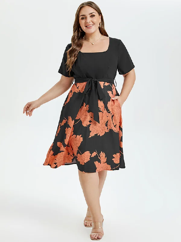 party dressFloral Print Square Neck Belted Midi Dress