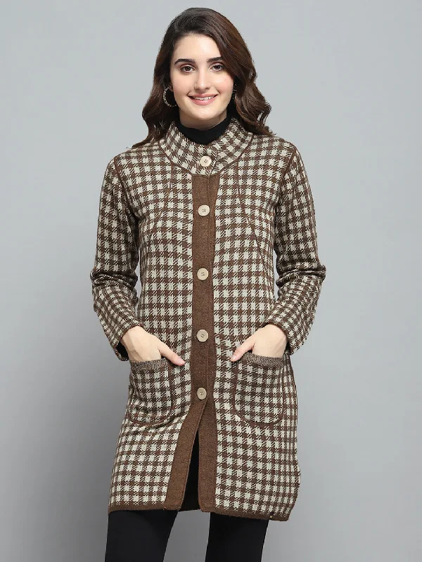 stylish blazer coatWomen Brown Solid Round Neck Full Sleeve Knitted Coat