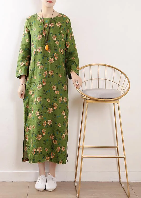 oversized dressBohemian green o neck linen outfit floral cotton summer Dress