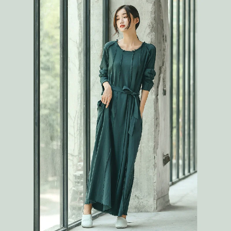 lace-up dressboutique blackish green plus size clothing O neck baggy dresses traveling clothing Elegant tie waist dresses