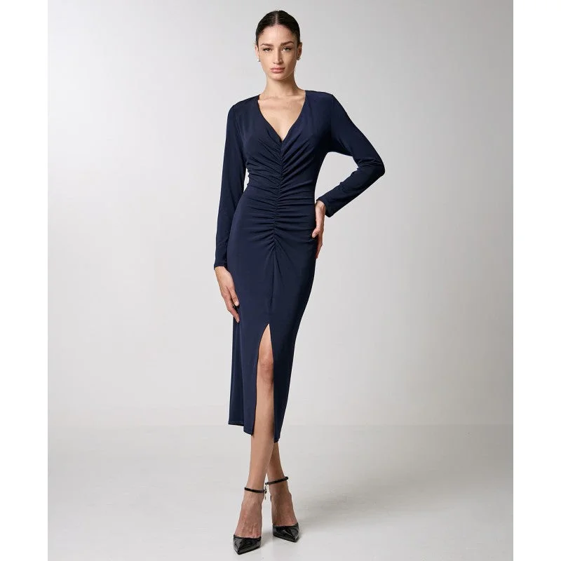 Markdowns Access Fashion Navy Front Gathered Midi Dress