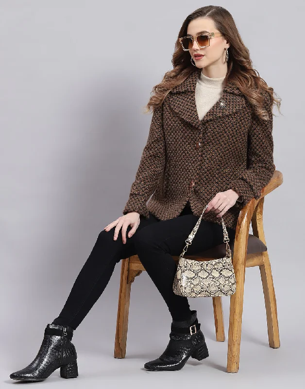 Extra Savings Women Brown Self Design Lapel Collar Full Sleeve Coat