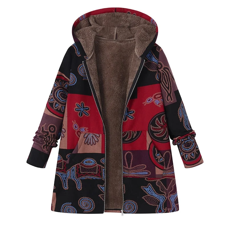 warm jacket2018 ZANZEA Fashion Long Sleeve Hooded Winter Thicken Warm Coat Women Plus Size L 5XL Faux Fluffy Ethnic Printed Basic Outerwear