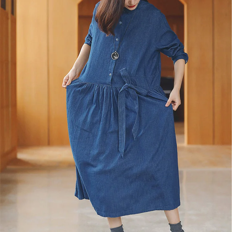 party-ready dressbaggy denim blue long cotton linen dresses casual Turn-down Collar tie waist traveling dress fine long sleeve baggy dresses